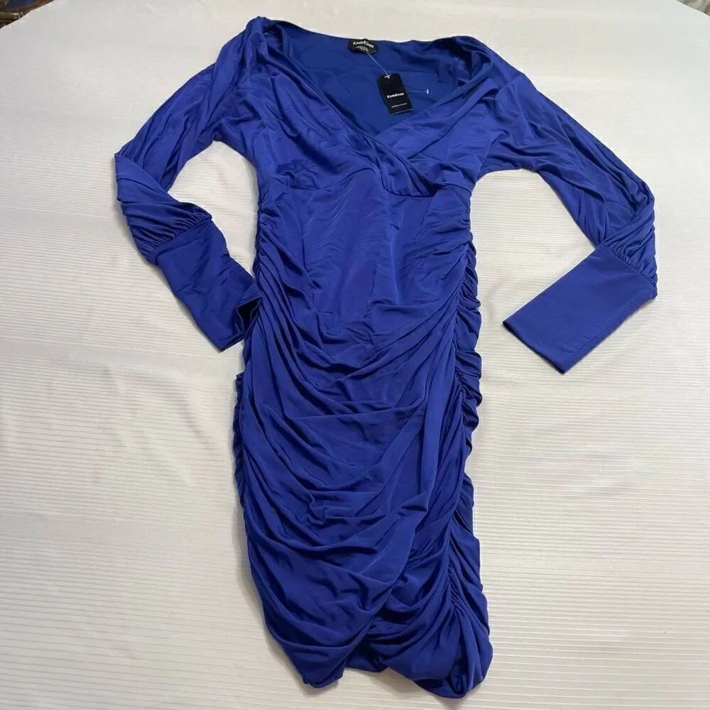 NWT bebe DOLMAN SLV SURPLICE DRAPED DRESS SIZE XS Blue